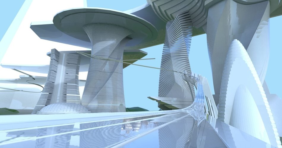 Emroca blockout: untextured ZBrush level geometry of the same sky city