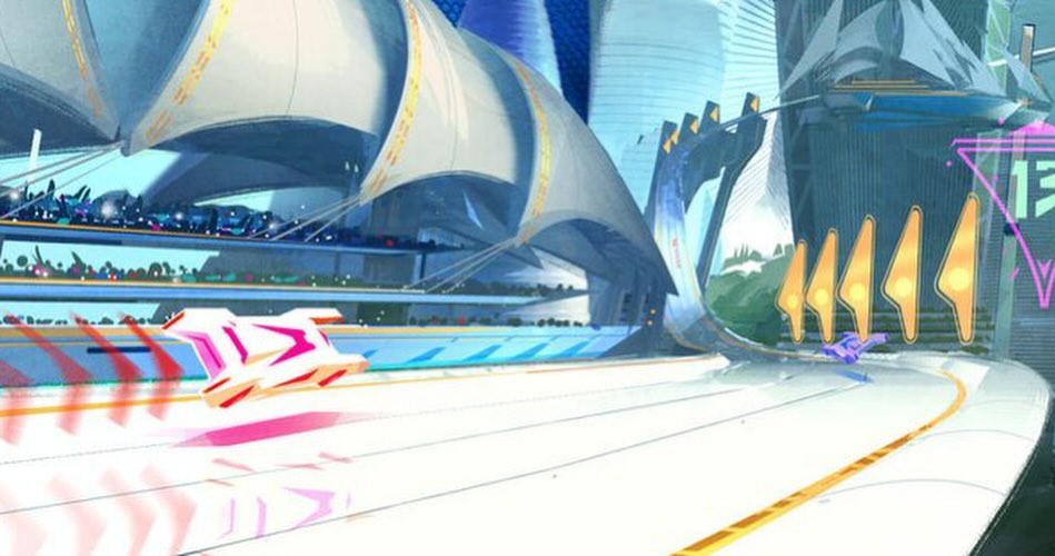 Emroca key art 2: trackside grandstands under Googie sail canopies