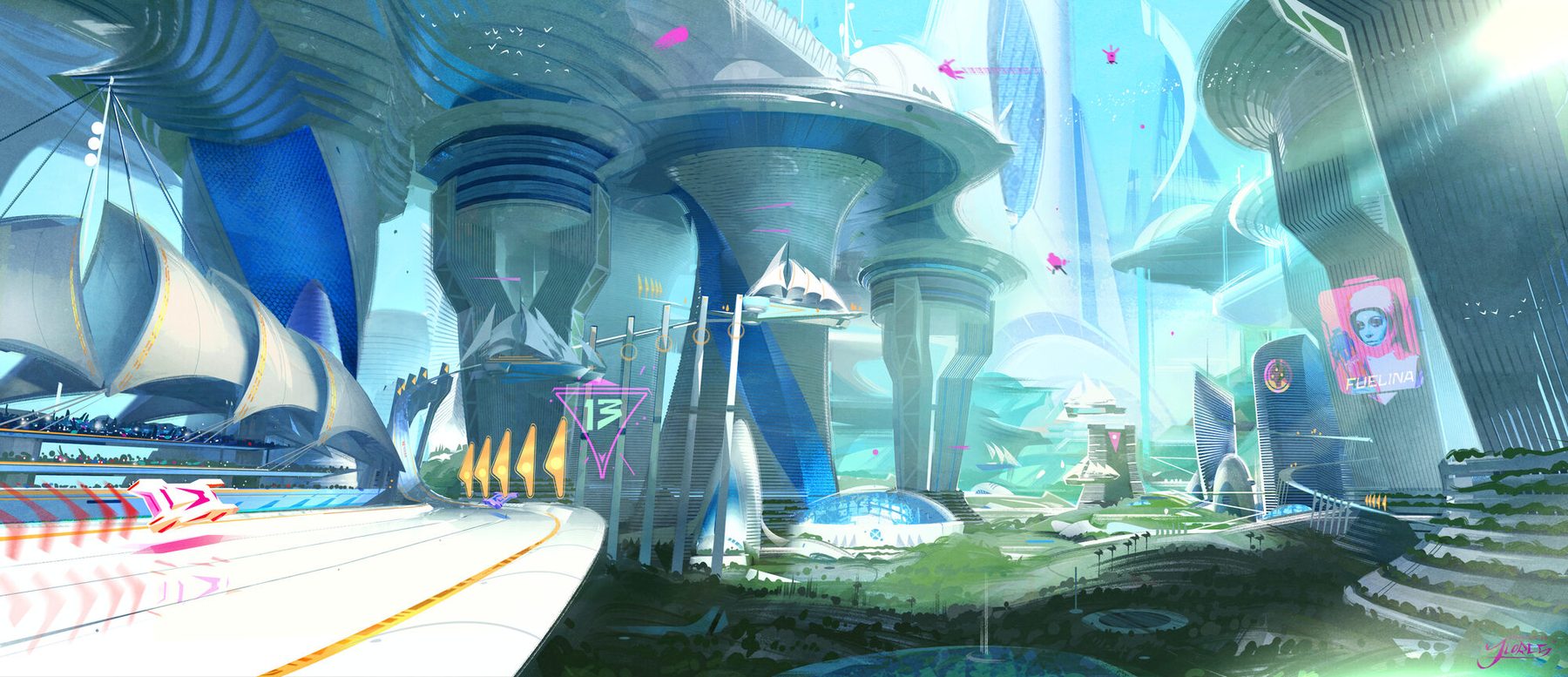 The Jetsons inspired sky city: mushroom cap and sail form towers, the neon "13" gate, pink flying vehicles, gardens below