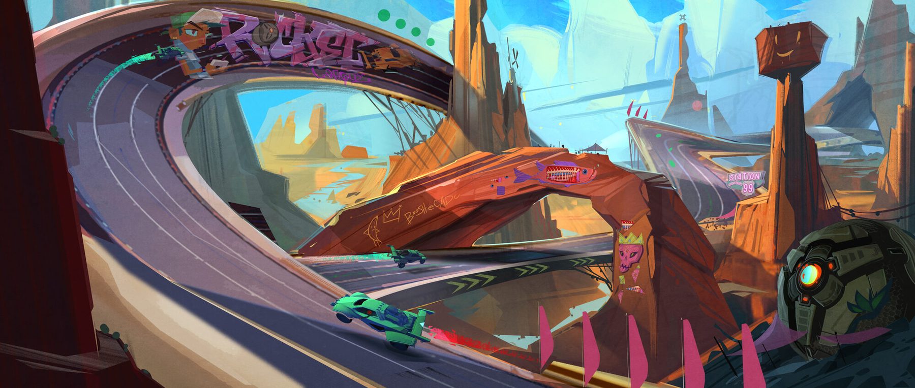 A canyon circuit: orange rock arches and mesas around an elevated track loop, a second biome far from the sky city