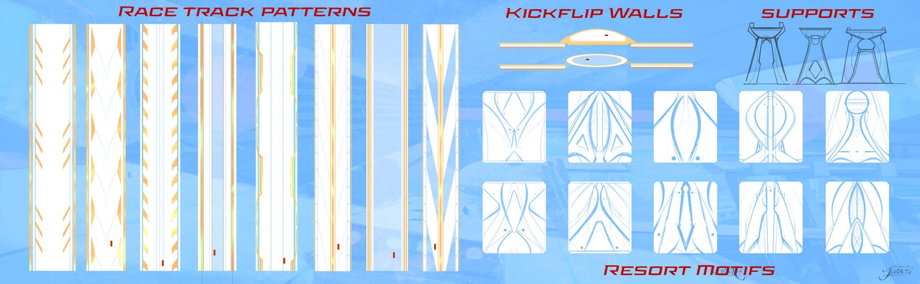The track and set vocabulary: Race Track Patterns, Kickflip Walls, Supports and Resort Motifs