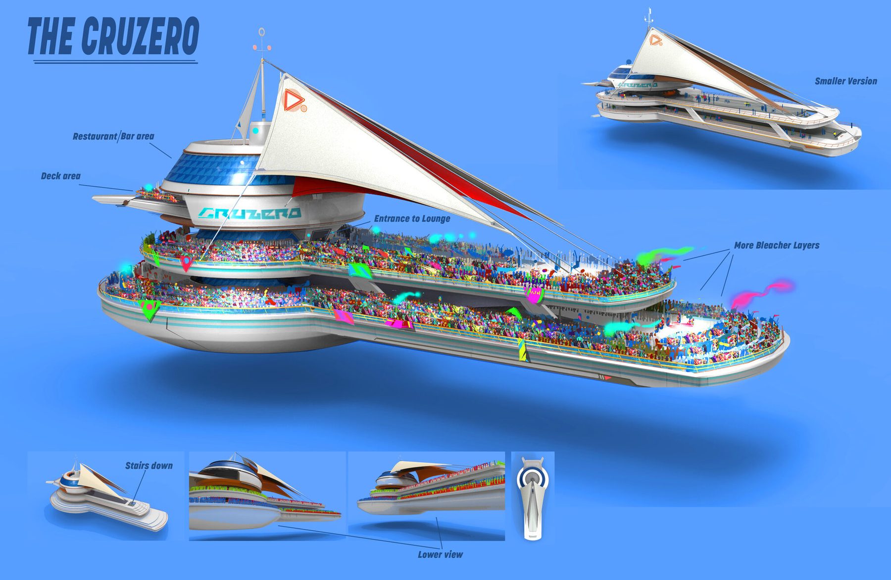 The Cruzero: the world's signature flying resort vessel packed with spectator bleachers, with callouts for the restaurant and bar, deck, lounge entrance and bleacher layers, plus a smaller version