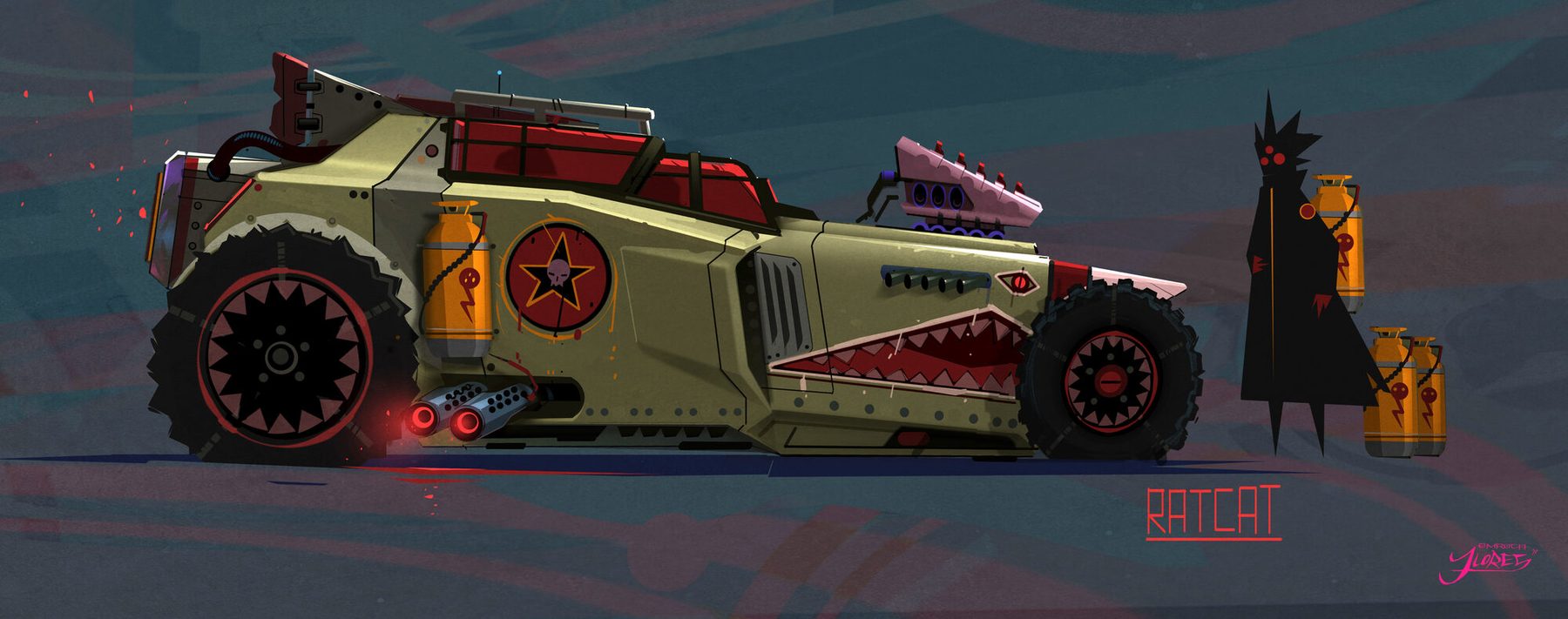 Ratcat: a rugged, shark mouthed off road hot rod with a menacing figure beside it