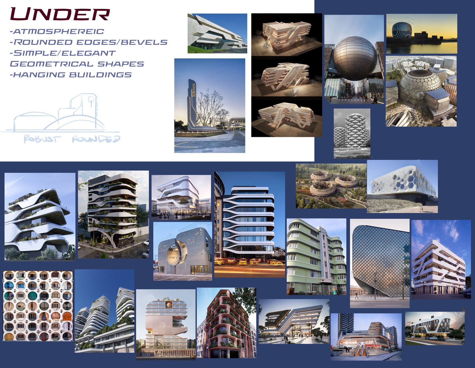 The Under district board: atmospheric, rounded edges and bevels, simple and elegant, geometrical shapes, hanging buildings